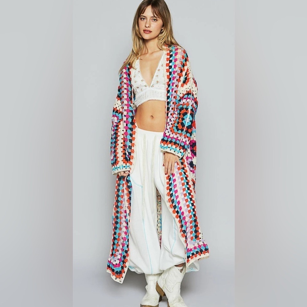 POL One Size Multicolor Crochet Cardigan Duster Festival Cottagecore